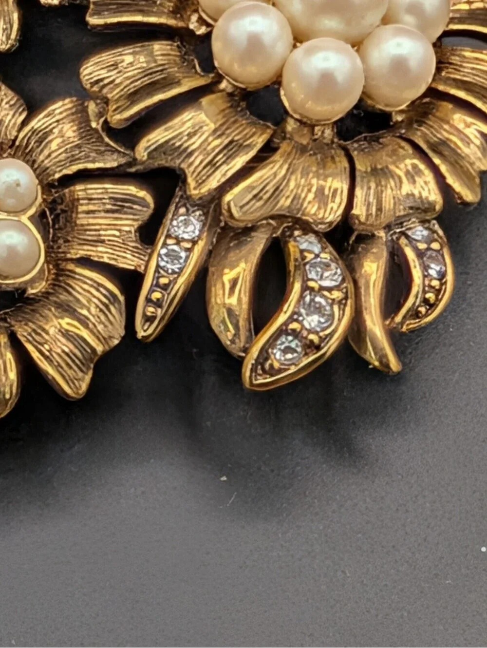 Vintage Monet Floral Bouquet Brooch Pin Gold Tone Faux Pearl Rhinestone Flower
